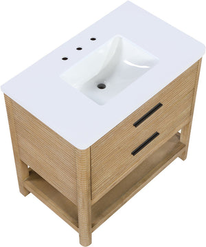 Meridian Furniture Oakwell Solid Wood Bathroom Vanity with Engineered Stone Top and Soft Close Drawer Storage Natural 36 inches 679Natural-36