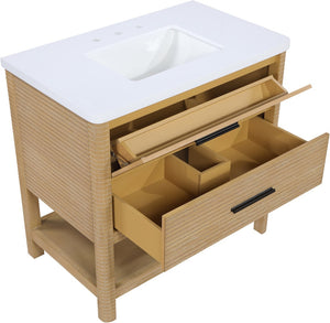 Meridian Furniture Oakwell Solid Wood Bathroom Vanity with Engineered Stone Top and Soft Close Drawer Storage Natural 36 inches 679Natural-36