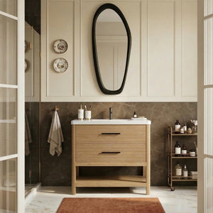 Meridian Furniture Oakwell Solid Wood Bathroom Vanity with Engineered Stone Top and Soft Close Drawer Storage Natural 36 inches 679Natural-36