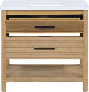 Meridian Furniture Oakwell Solid Wood Bathroom Vanity with Engineered Stone Top and Soft Close Drawer Storage Natural 36 inches 679Natural-36