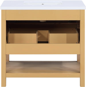 Meridian Furniture Oakwell Solid Wood Bathroom Vanity with Engineered Stone Top and Soft Close Drawer Storage Natural 36 inches 679Natural-36