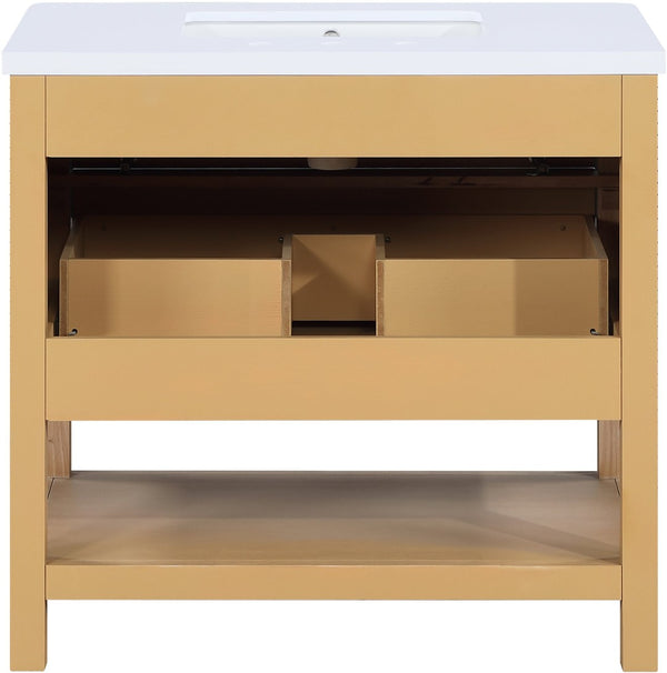 Meridian Furniture Oakwell Solid Wood Bathroom Vanity with Engineered Stone Top and Soft Close Drawer Storage Natural 36 inches 679Natural-36