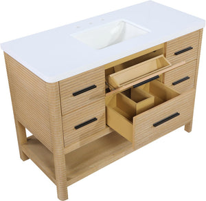 Meridian Furniture Oakwell Solid Wood Bathroom Vanity with Engineered Stone Top and Soft Close Drawer Storage Natural 48 inches 679Natural-48