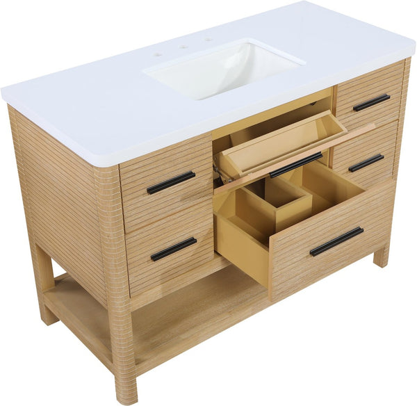 Meridian Furniture Oakwell Solid Wood Bathroom Vanity with Engineered Stone Top and Soft Close Drawer Storage Natural 48 inches 679Natural-48