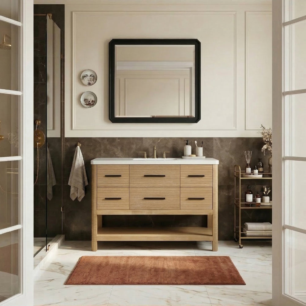 Meridian Furniture Oakwell Solid Wood Bathroom Vanity with Engineered Stone Top and Soft Close Drawer Storage Natural 48 inches 679Natural-48
