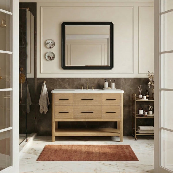 Meridian Furniture Oakwell Solid Wood Bathroom Vanity with Engineered Stone Top and Soft Close Drawer Storage Natural 48 inches 679Natural-48