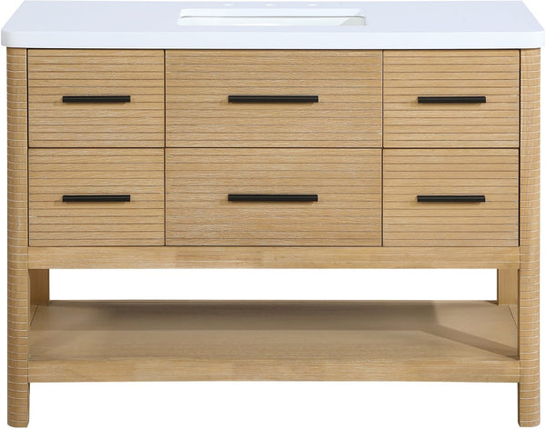 Meridian Furniture Oakwell Solid Wood Bathroom Vanity with Engineered Stone Top and Soft Close Drawer Storage Natural 48 inches 679Natural-48