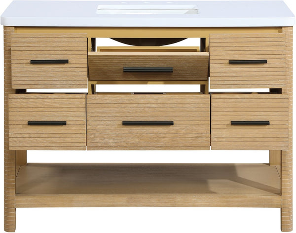 Meridian Furniture Oakwell Solid Wood Bathroom Vanity with Engineered Stone Top and Soft Close Drawer Storage Natural 48 inches 679Natural-48