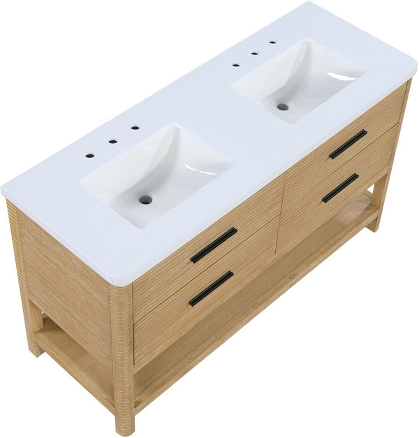 Meridian Furniture Oakwell Solid Wood Bathroom Vanity with Engineered Stone Top and Soft Close Drawer Storage Natural 60 inches 679Natural-60