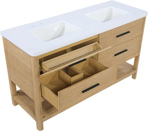 Meridian Furniture Oakwell Solid Wood Bathroom Vanity with Engineered Stone Top and Soft Close Drawer Storage Natural 60 inches 679Natural-60