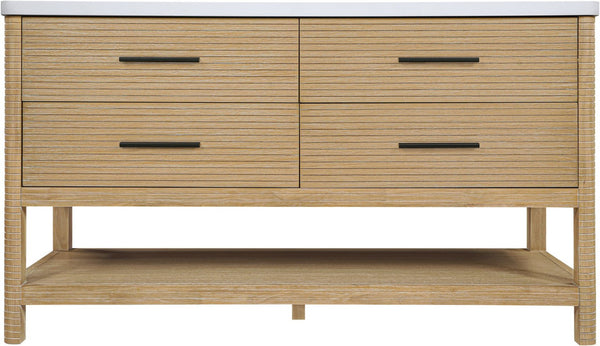 Meridian Furniture Oakwell Solid Wood Bathroom Vanity with Engineered Stone Top and Soft Close Drawer Storage Natural 60 inches 679Natural-60