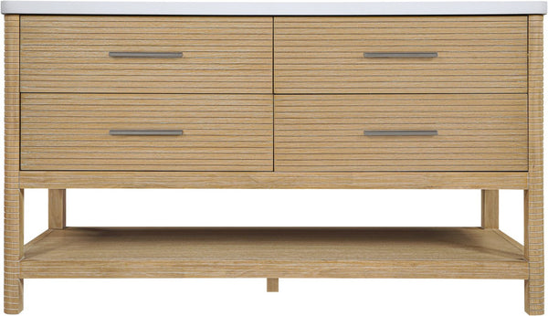 Meridian Furniture Oakwell Solid Wood Bathroom Vanity with Engineered Stone Top and Soft Close Drawer Storage Natural 60 inches 679Natural-60