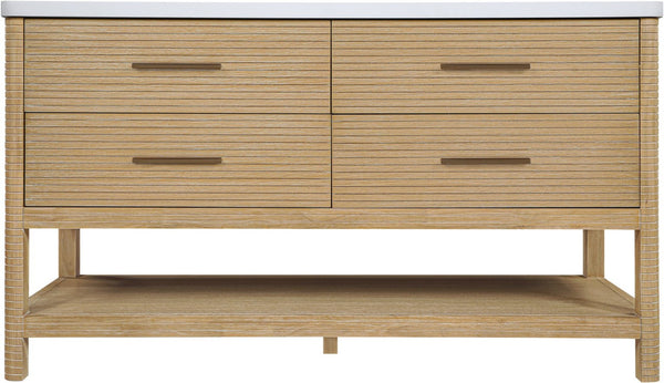 Meridian Furniture Oakwell Solid Wood Bathroom Vanity with Engineered Stone Top and Soft Close Drawer Storage Natural 60 inches 679Natural-60
