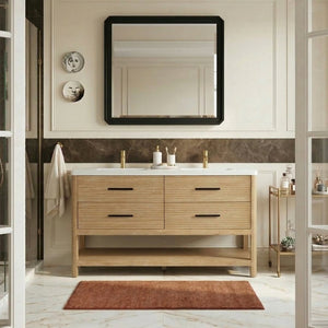 Meridian Furniture Oakwell Solid Wood Bathroom Vanity with Engineered Stone Top and Soft Close Drawer Storage Natural 60 inches 679Natural-60