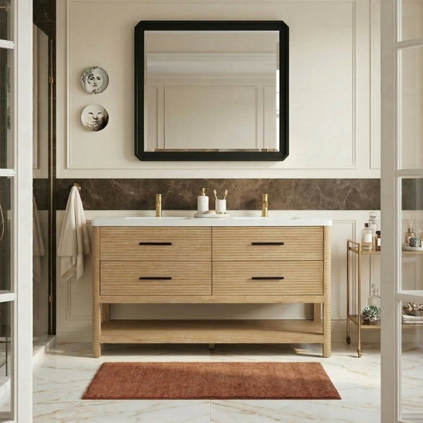Meridian Furniture Oakwell Solid Wood Bathroom Vanity with Engineered Stone Top and Soft Close Drawer Storage Natural 60 inches 679Natural-60