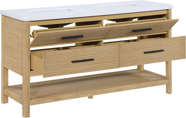Meridian Furniture Oakwell Solid Wood Bathroom Vanity with Engineered Stone Top and Soft Close Drawer Storage Natural 60 inches 679Natural-60