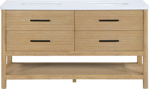 Meridian Furniture Oakwell Solid Wood Bathroom Vanity with Engineered Stone Top and Soft Close Drawer Storage Natural 60 inches 679Natural-60