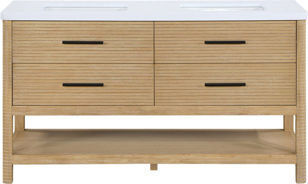 Meridian Furniture Oakwell Solid Wood Bathroom Vanity with Engineered Stone Top and Soft Close Drawer Storage Natural 60 inches 679Natural-60