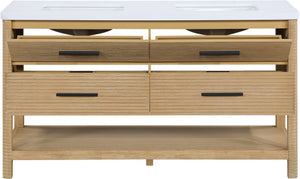 Meridian Furniture Oakwell Solid Wood Bathroom Vanity with Engineered Stone Top and Soft Close Drawer Storage Natural 60 inches 679Natural-60