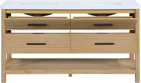 Meridian Furniture Oakwell Solid Wood Bathroom Vanity with Engineered Stone Top and Soft Close Drawer Storage Natural 60 inches 679Natural-60