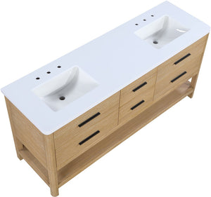 Meridian Furniture Oakwell Solid Wood Bathroom Vanity with Engineered Stone Top and Soft Close Drawer Storage Natural 72 inches 679Natural-72