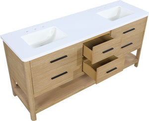Meridian Furniture Oakwell Solid Wood Bathroom Vanity with Engineered Stone Top and Soft Close Drawer Storage Natural 72 inches 679Natural-72