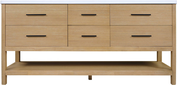 Meridian Furniture Oakwell Solid Wood Bathroom Vanity with Engineered Stone Top and Soft Close Drawer Storage Natural 72 inches 679Natural-72