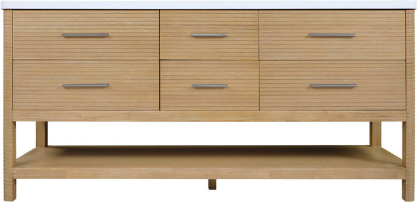 Meridian Furniture Oakwell Solid Wood Bathroom Vanity with Engineered Stone Top and Soft Close Drawer Storage Natural 72 inches 679Natural-72