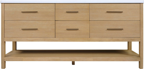 Meridian Furniture Oakwell Solid Wood Bathroom Vanity with Engineered Stone Top and Soft Close Drawer Storage Natural 72 inches 679Natural-72