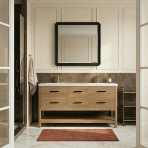 Meridian Furniture Oakwell Solid Wood Bathroom Vanity with Engineered Stone Top and Soft Close Drawer Storage Natural 72 inches 679Natural-72
