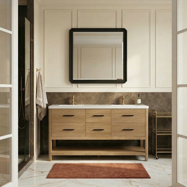 Meridian Furniture Oakwell Solid Wood Bathroom Vanity with Engineered Stone Top and Soft Close Drawer Storage Natural 72 inches 679Natural-72