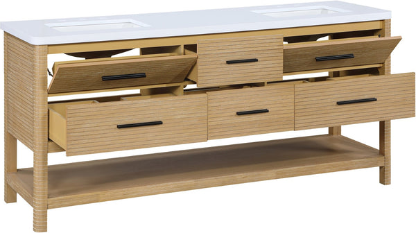 Meridian Furniture Oakwell Solid Wood Bathroom Vanity with Engineered Stone Top and Soft Close Drawer Storage Natural 72 inches 679Natural-72