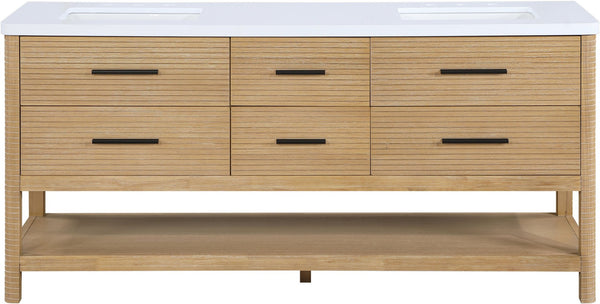 Meridian Furniture Oakwell Solid Wood Bathroom Vanity with Engineered Stone Top and Soft Close Drawer Storage Natural 72 inches 679Natural-72