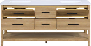 Meridian Furniture Oakwell Solid Wood Bathroom Vanity with Engineered Stone Top and Soft Close Drawer Storage Natural 72 inches 679Natural-72