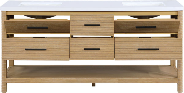 Meridian Furniture Oakwell Solid Wood Bathroom Vanity with Engineered Stone Top and Soft Close Drawer Storage Natural 72 inches 679Natural-72