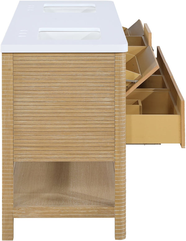 Meridian Furniture Oakwell Solid Wood Bathroom Vanity with Engineered Stone Top and Soft Close Drawer Storage Natural 72 inches 679Natural-72
