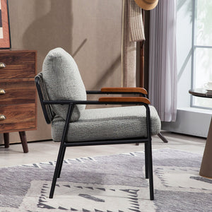 English Elm Modern Accent Chair with Natural Wood Arms, Black Metal Frame, Plush High-Rebound Cushion Comfort Grey W2215P248473