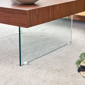 English Elm Walnut Square MDF Coffee Table 31.5"x31.5" with Tempered Glass Legs, Thick 4" Top, Anti-Slip Pads W1151P233512