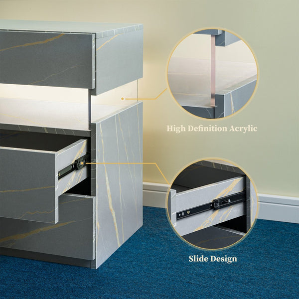 English Elm Led Nightstand with Rgb Acrylic Glow Panel Three Drawers Walnut Bedroom Table Grey+Gold W2178P412302
