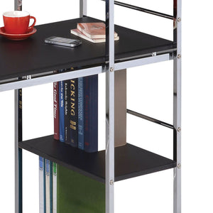 English Elm Black Black and Chrome Writing Desk with 4 Shelves, Steel Pipe Frame, Cross Base, Easy Assembly, Modern Storage Elegance B062P209207