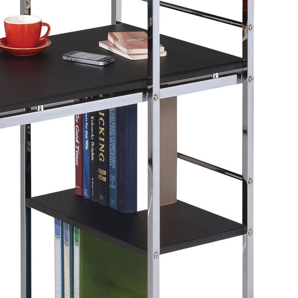 English Elm Black Black and Chrome Writing Desk with 4 Shelves, Steel Pipe Frame, Cross Base, Easy Assembly, Modern Storage Elegance B062P209207