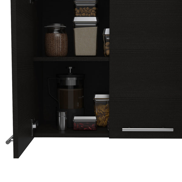 English Elm Wall 24" H Four-Door Wall-Mounted Cabinet with Two Shelves, Plate & Glass Organizer, Sleek Design Black 50.39 L x 16.92 W x 7.09 H B097133117