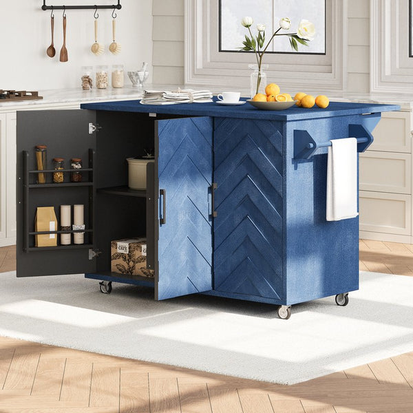 English Elm K&K Farmhouse Kitchen Island with 3D Wave Stripes Ash Veneer, Drop Leaf, Rolling Cart Storage Navy Blue N707P207915E