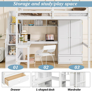 English Elm Twin Over Full Bunk Bed Solid Pine Frame with Built-in Slide and Storage Staircase White W504S00264