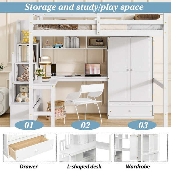 English Elm Twin Over Full Bunk Bed Solid Pine Frame with Built-in Slide and Storage Staircase White W504S00264