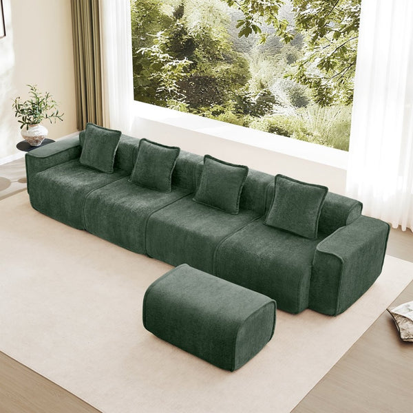 English Elm Streamlined Modular L-shaped Sectional Velvet Sofa with Ottoman and Tailored Piping Detail Green W3041S00369