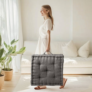 English Elm 1- Piece Tufted Chenille Floor Cushion with Scalloped Edge for Bohemian Living Spaces Charcoal B035P482971