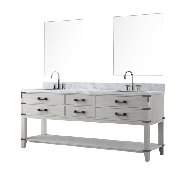 English Elm White Oak Double Bath Vanity Set With Carrara Marble Top, Chrome Faucets, And Matching Mirrors B2731S01908-GIGA
