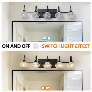 English Elm 29" Retro 5-Light Vanity Light Fixture Black Iron with Crystal Glass Shades Wall-Mounted Glam Bath W2312P374819