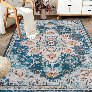 English Elm Area Rug 6X9 Vintage Bohemia Floral Design In Blue/Gold – Non-Slip, Washable For Living Spaces W2907P265141